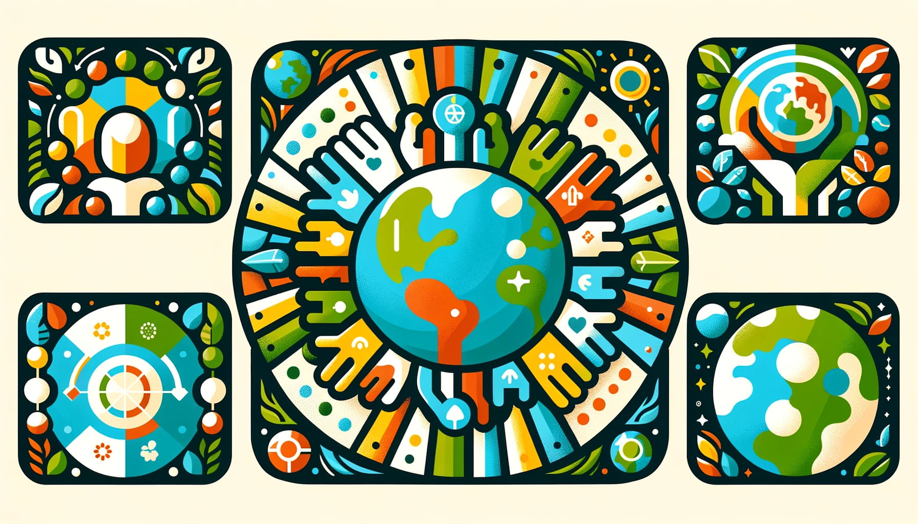An inclusive and vibrant community icon representing Eco Unity, featuring diverse human figures encircling the Earth, symbolizing global collaboration and commitment to environmental conservation and sustainability