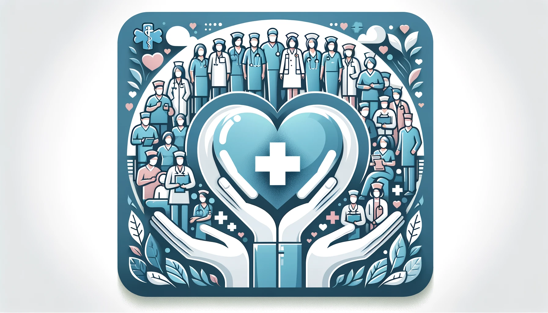 Compassionate nurses in uniform engaging with the community, showcasing professionalism and care, with symbols of health and wellness, set against a soothing color scheme