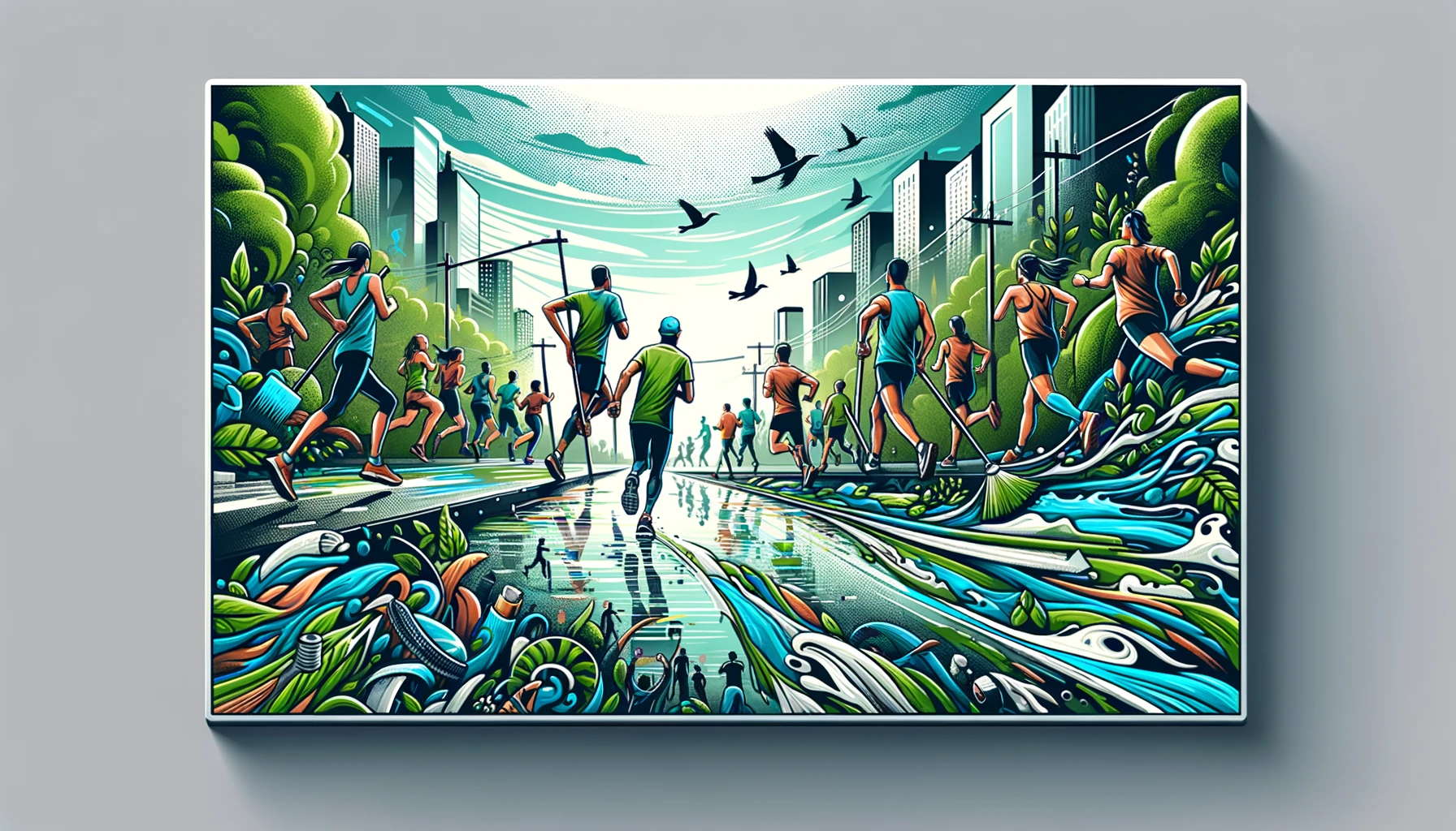 Dynamic image of diverse runners in various environments, symbolizing the Eco-Runners community's dedication to combining fitness with environmental activism for a greener planet